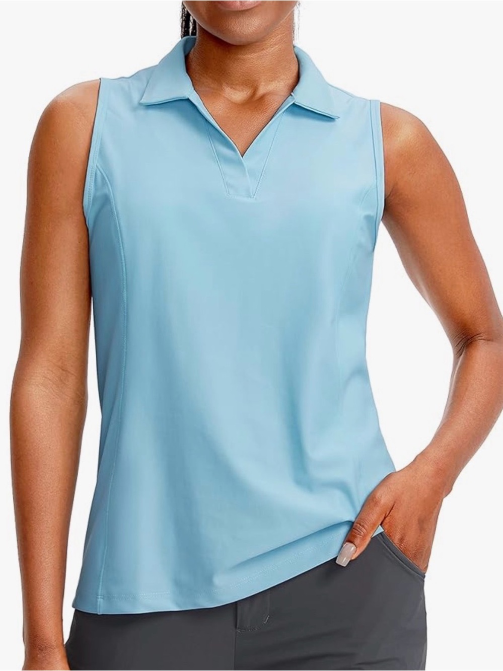 Sleeveless V-Neck Polo Top - Light Blue